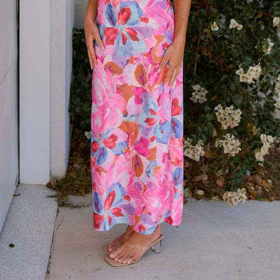 Satin Halter Backless Slit Midi Dress - Print High Neck Elastic Waist Wedding Guest Dress