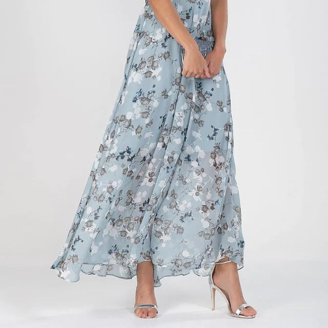 Beach Flared Maxi Dress Chiffon Floral Short Sleeve Ruffle V-Neck Fashion Waist-Defining Dress