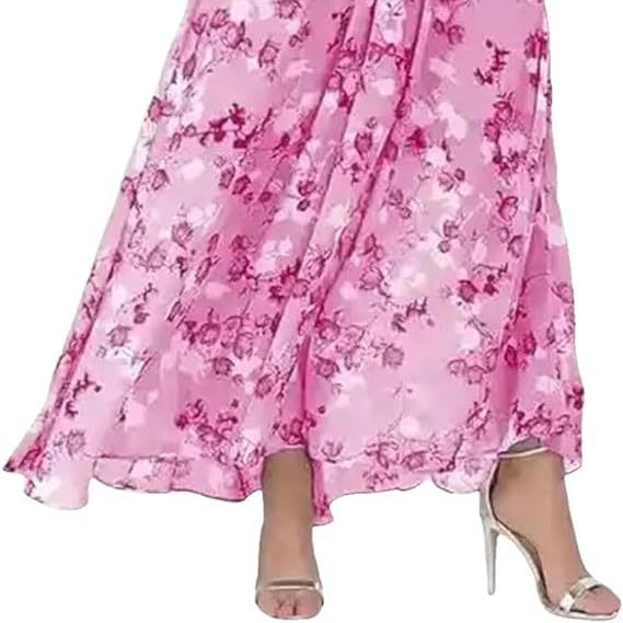 Beach Flared Maxi Dress Chiffon Floral Short Sleeve Ruffle V-Neck Fashion Waist-Defining Dress