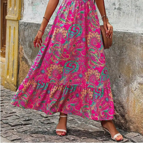 Summer seaside vacation fashion floral print sleeveless dress