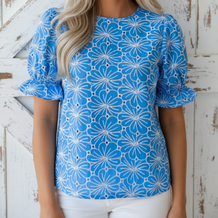 Flower Embroidered Eyelet Frilled Puff Sleeve Blouse