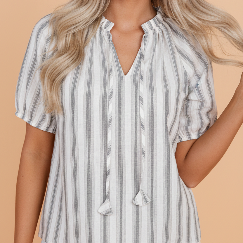 Stripe Frilled Tie-Neck Short Sleeve Blouse