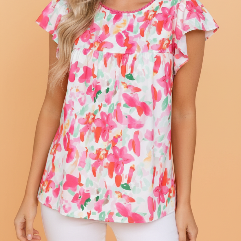 Floral Flutter Sleeve Round Neck Blouse