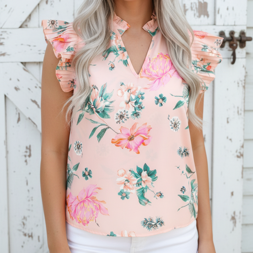 Floral Frilled V-Neck Pleated Sleeve Blouse