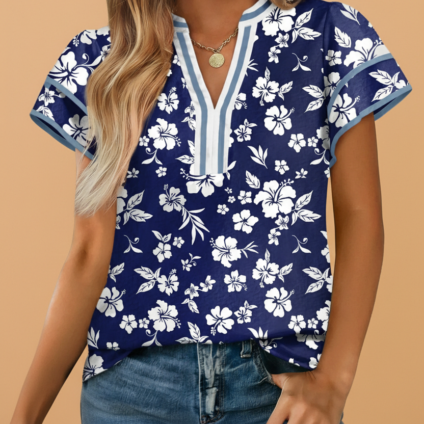 Floral Contrast Trim Split Neck Ruffle Sleeve Blouse