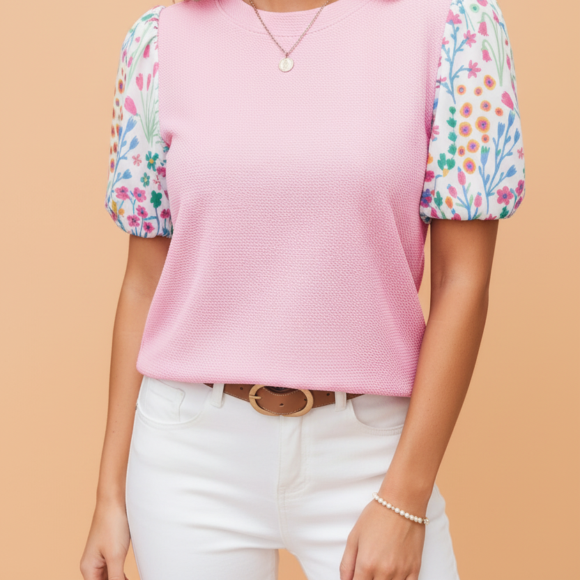 Floral Patchwork Bubble Sleeve Textured Blouse