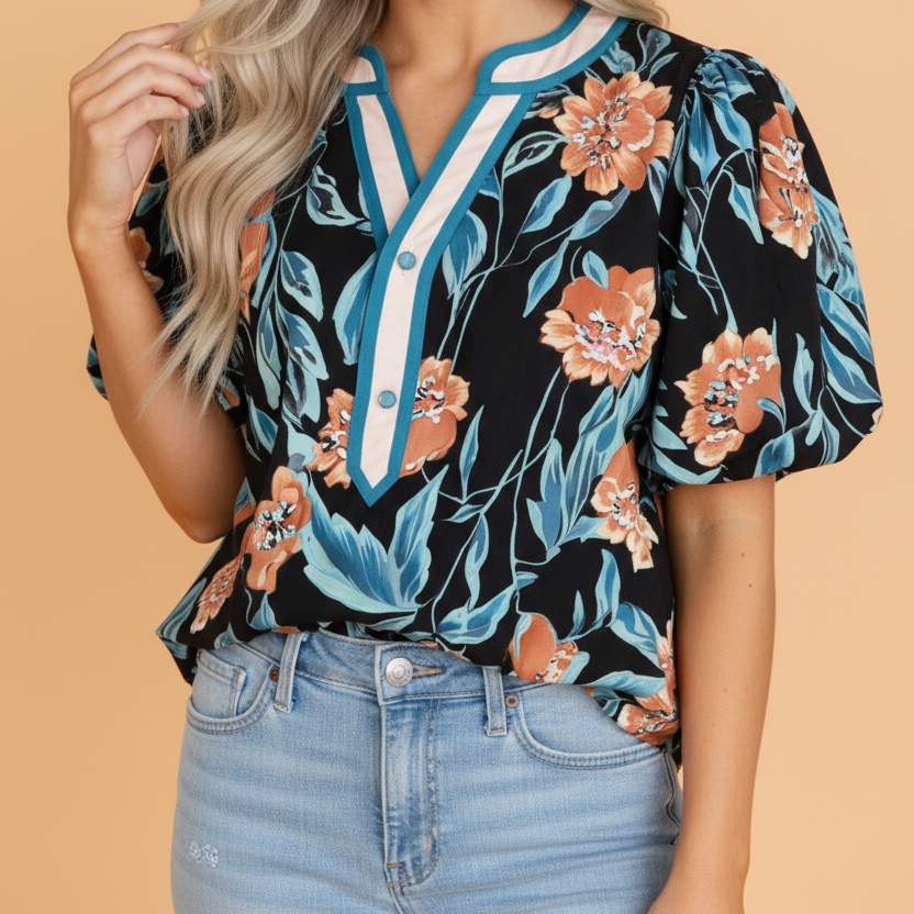 Floral Bubble Sleeve Buttoned Notch Neck Blouse