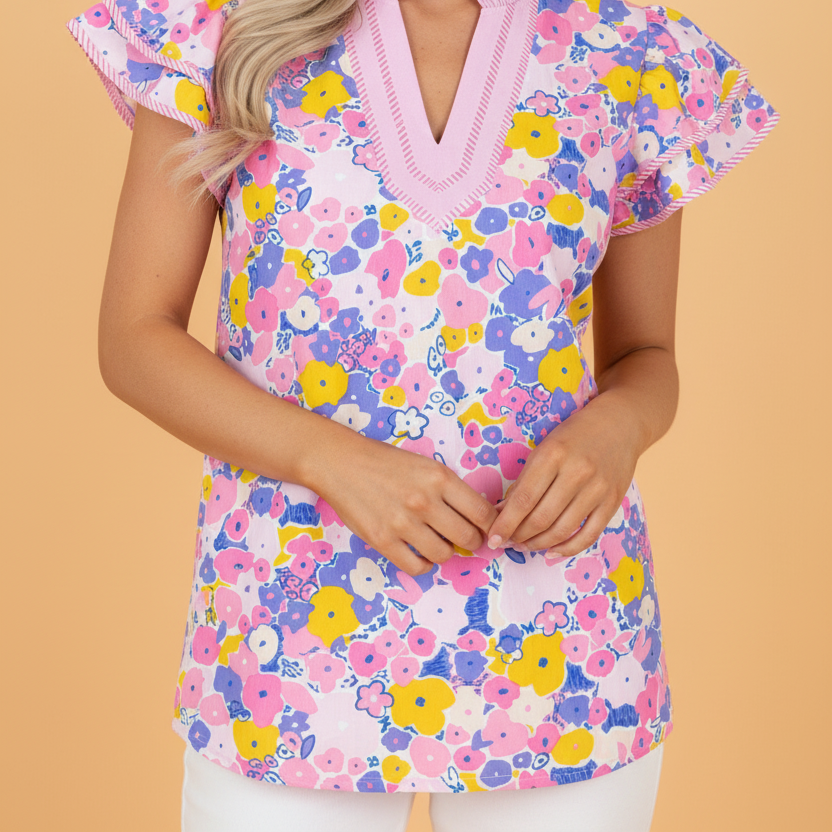 Floral Stripe Colorblock Flutter Sleeve Blouse