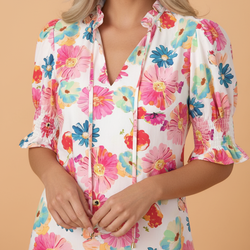 Floral Tie V-Neck Puff Sleeve Blouse