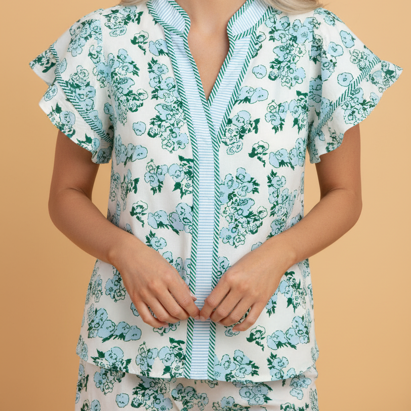 Floral Stripe V-Neck Flutter Sleeve Blouse
