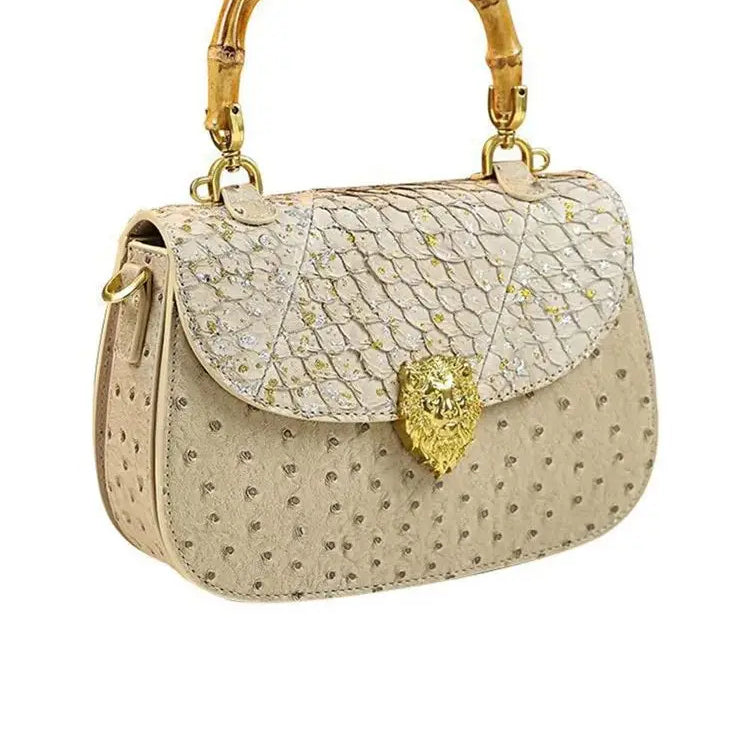 Women's 2026 Spring New Bamboo Handle Bag, New Ostrich Pattern Saddle Style Fashionable High-End Light Luxury Small Square Shoul