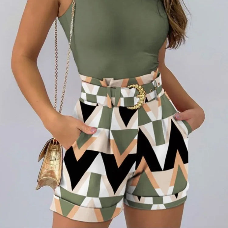Summer Sexy Women's 2-piece Tank Tops Fashion Beach Suit Slim Short Top Shorts Print Casual Hollow Sleeveless Vest 2 Piece Suit