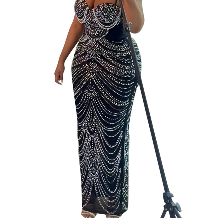 New Luxury Sparkly Crystal Rhinestone Pearl Celebrities Gown Brown Dress Woman Strap Evening Party Birthday Prom Wedding Vestido