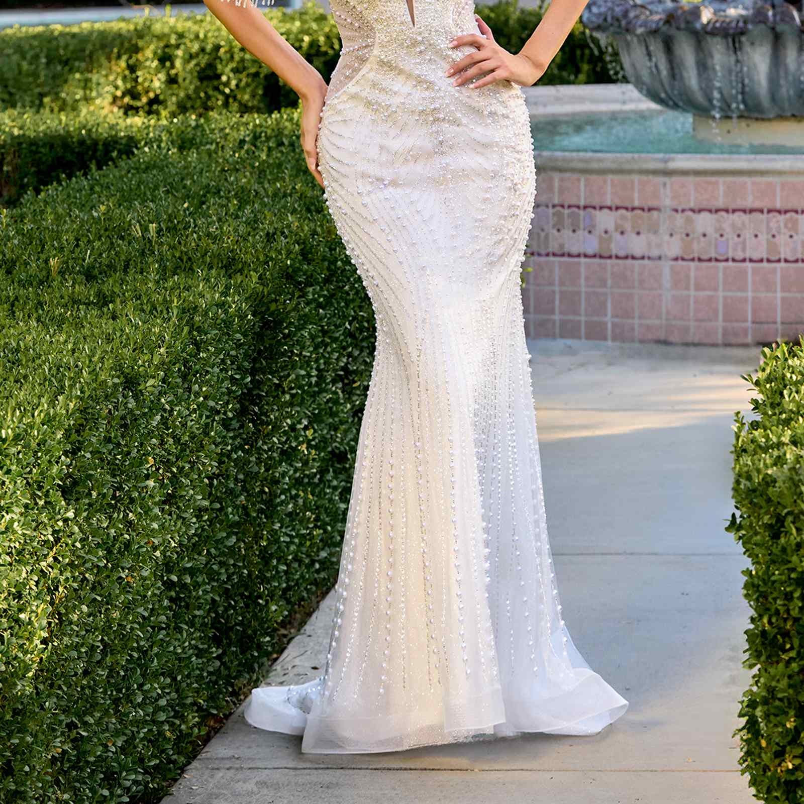 Ladivine SF209W Cold Off The Shoulder Fringe Beaded Mermaid Bridal Gown
