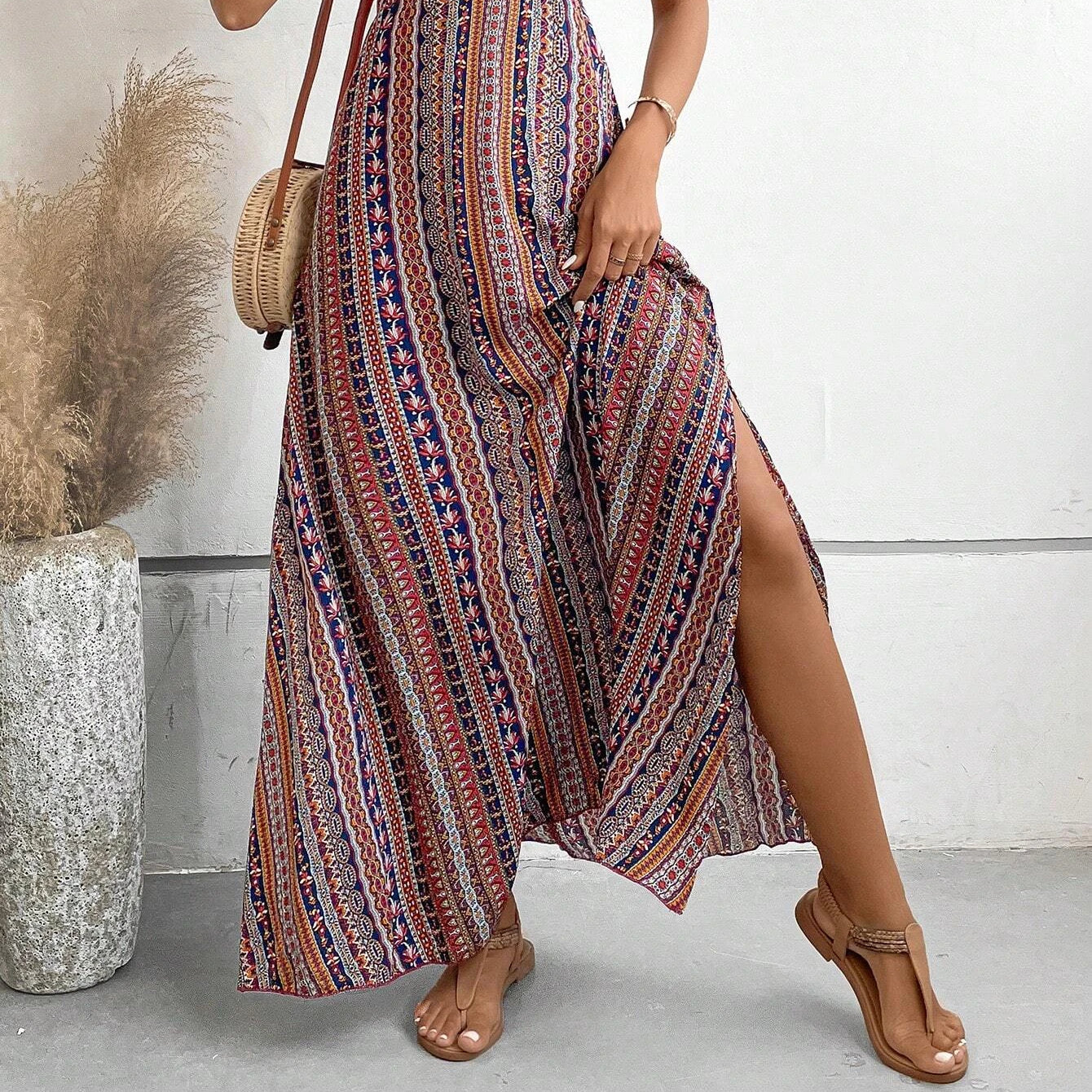 Women's Summer Ethnic Pattern Backless Split Thigh Dress Ladies Summer Clothes Boho Fashion Frill Trim Long Dress for Beach