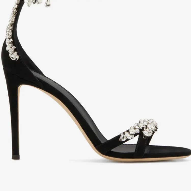 Black High Heels Women's Stiletto Heels Celebrity Style Versatile Slotted Buckle Rhinestone Open Toe Round Toe Sandals