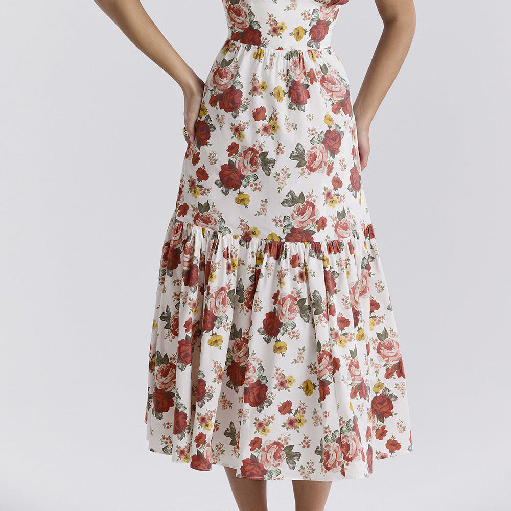 Sweet and spicy wind suspender solid color A pendulum floral dress women