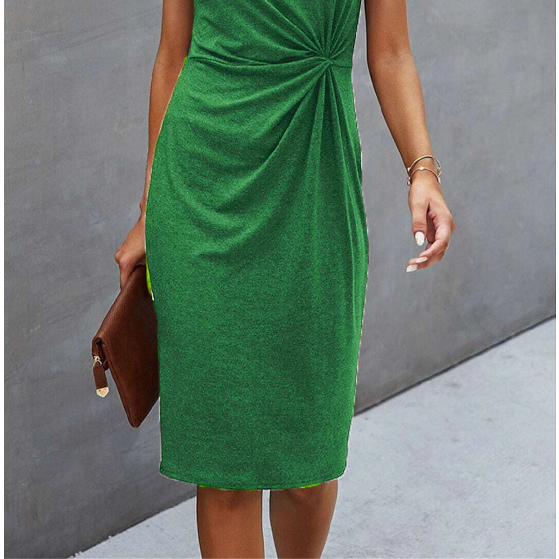 Front Knot Bodycon Midi Dress – Round Neck Sleeveless Tie Dress