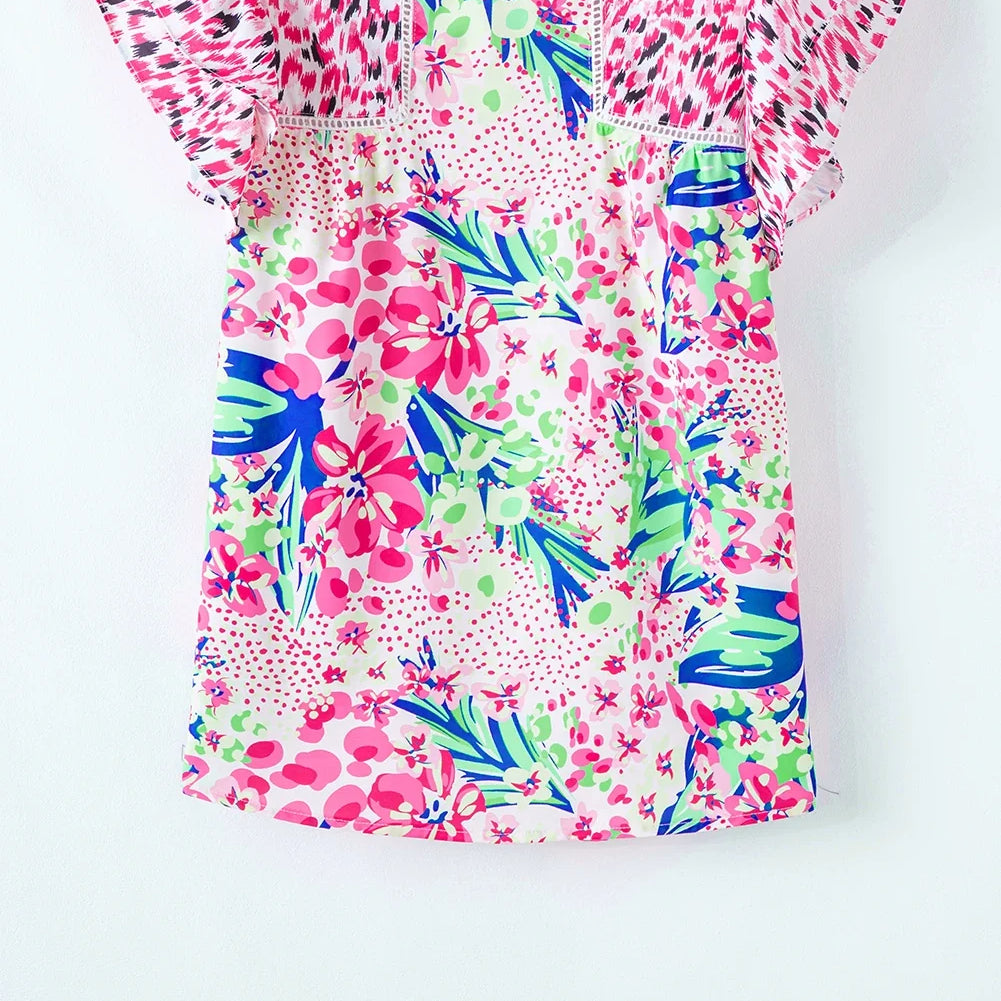 Floral Patchwork Ruffle Cap Sleeve Blouse