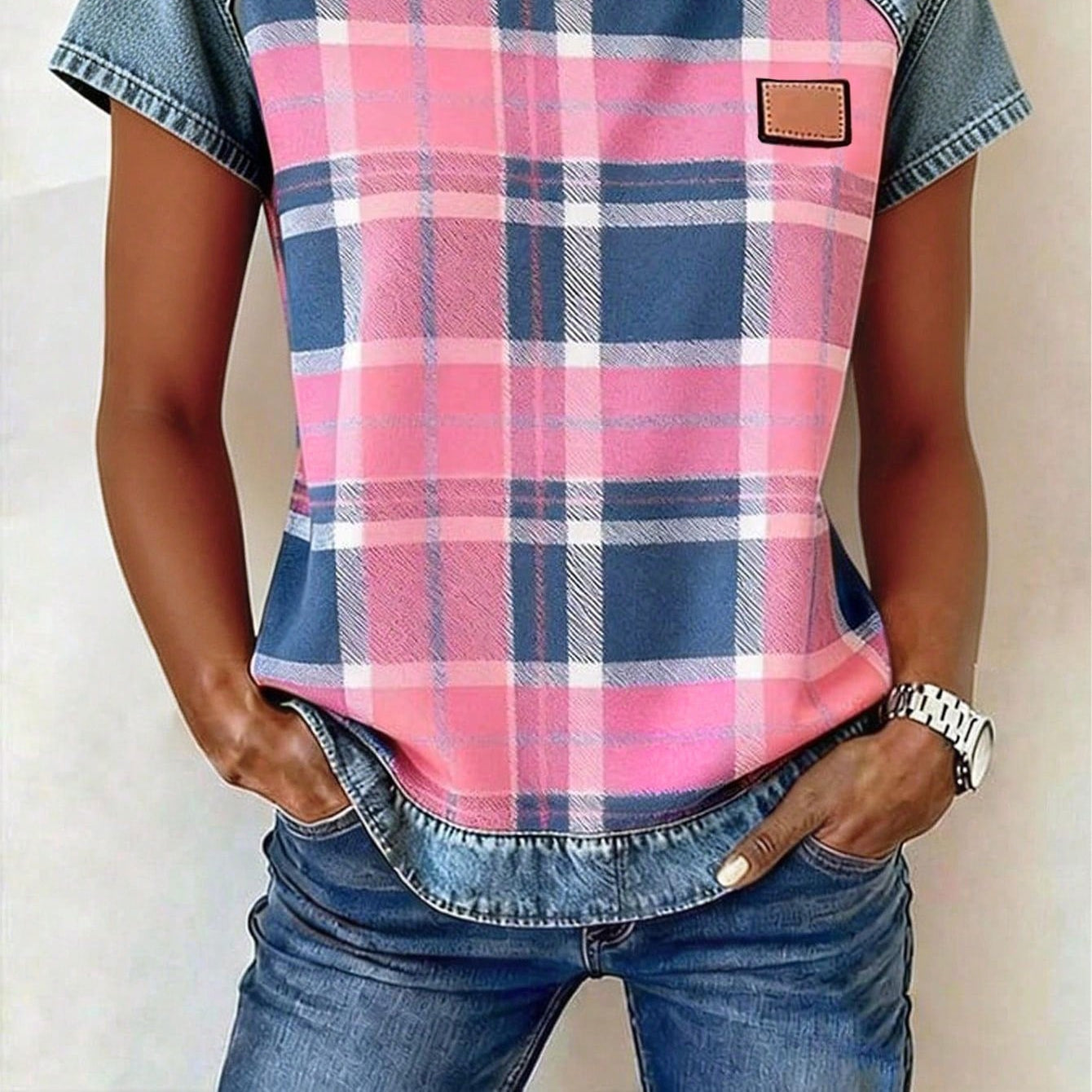 Women's Retro Denim Patchwork Short-Sleeve Shirt – Loose Fit