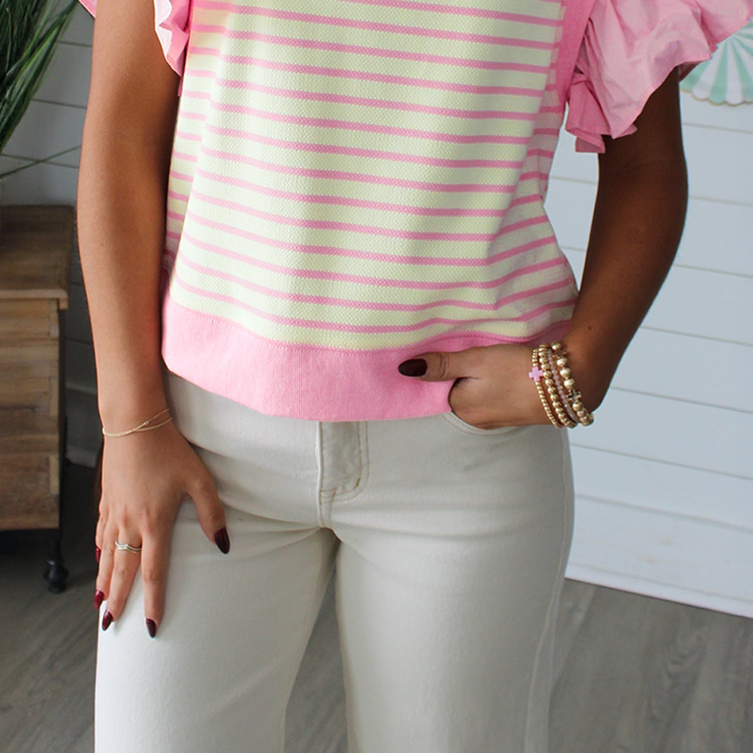 Stripe Patchwork Ruffle Short Sleeve Blouse
