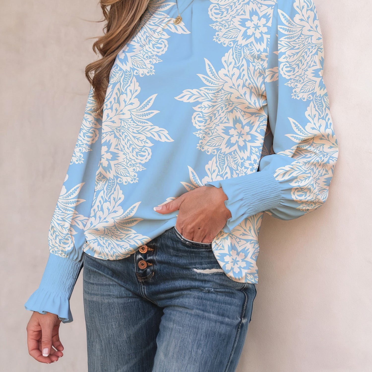 Floral Ruffle Collar Puff Long Sleeve Blouse