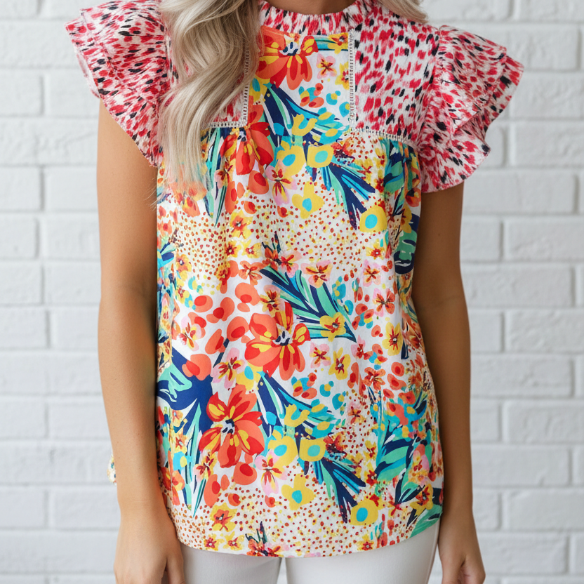 Floral Patchwork Ruffle Cap Sleeve Blouse
