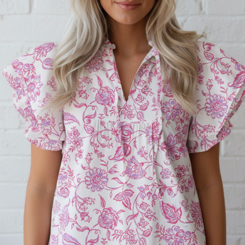 Floral Ruffle Sleeve V-Neck Blouse