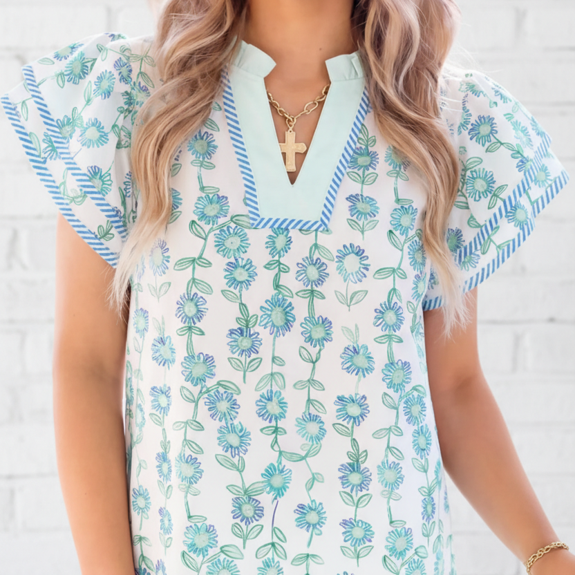 Floral Stripe Detail V-Neck Blouse