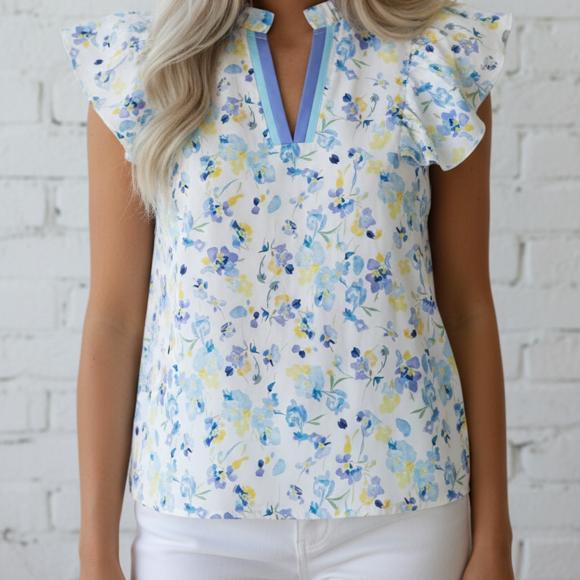 Floral Frill Notch V-Neck Blouse