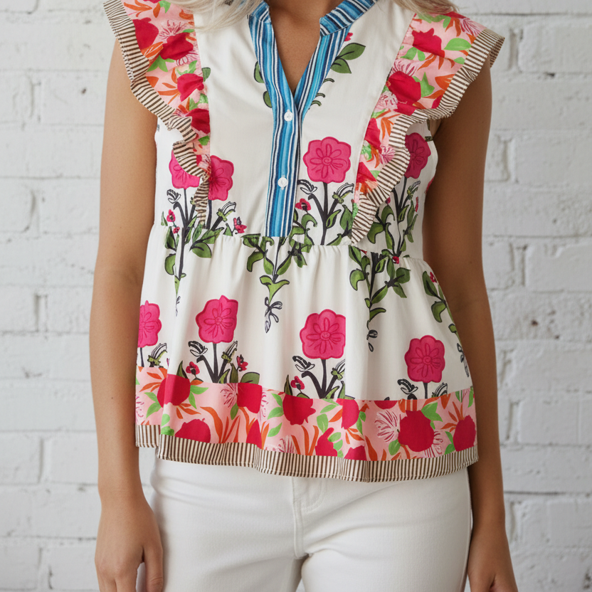 Floral Tie-Neck Stripe Detail Flutter Sleeve Blouse