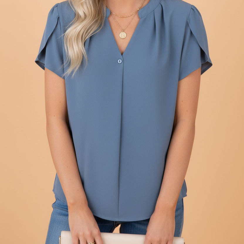 Solid Notched Neck Petal Sleeve Blouse