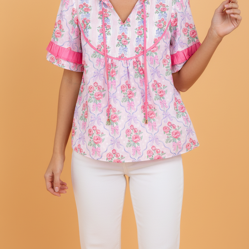 Floral Coquette Bow Ruffle Short Sleeve Blouse