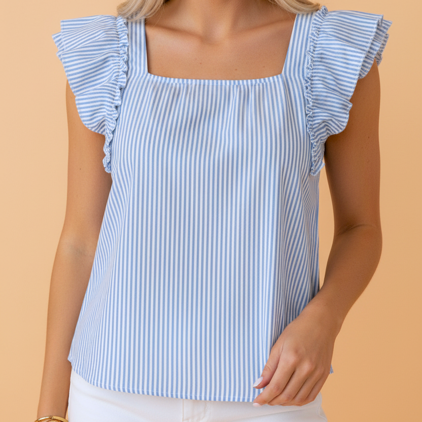 Stripe Bow Square Neck Ruffle Sleeve Blouse