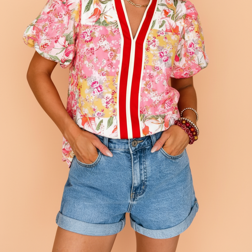Floral Contrast Collared V-Neck Short Sleeve Blouse