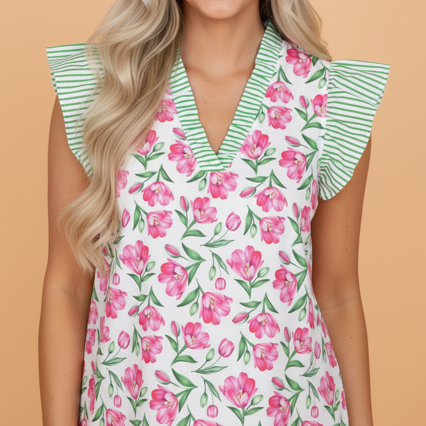 Floral Stripe Ruffle Trim V-Neck Blouse