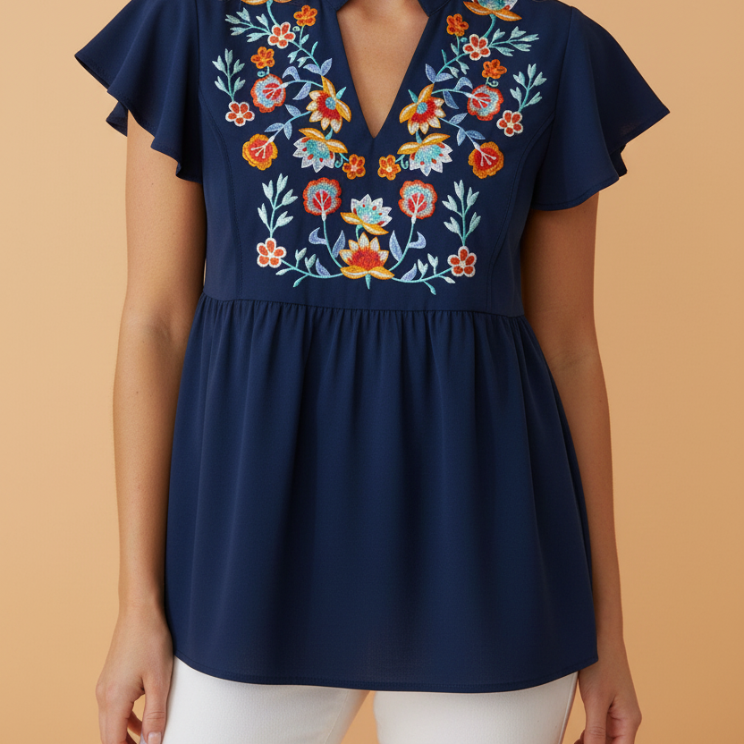 Floral Embroidered V-Neck Ruffle Sleeve Babydoll Blouse