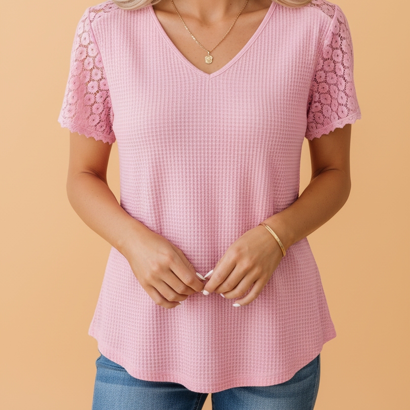 Lace Patchwork Buttoned Cutout Waffle Knit Blouse