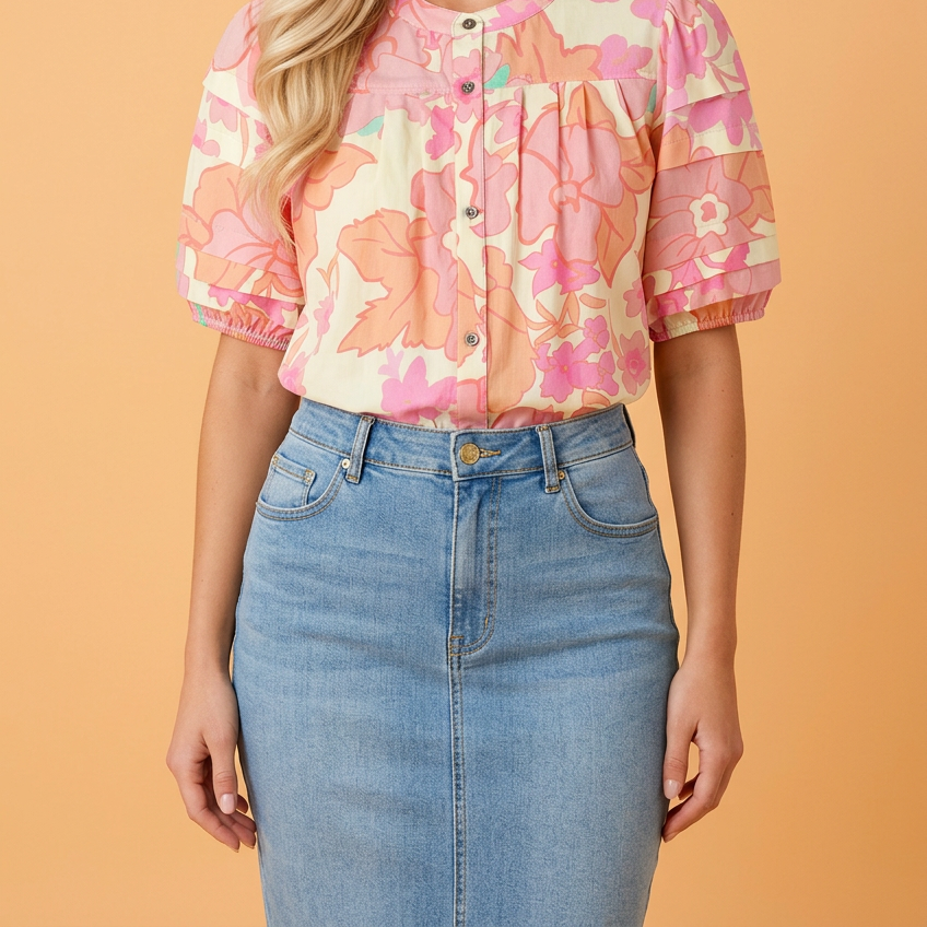 Floral Button Down Pintuck Short Sleeve Blouse