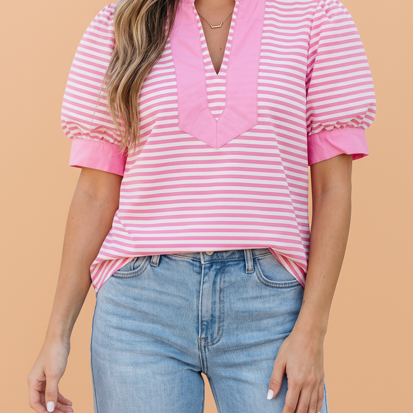 Stripe Colorblock Split Neck Short Sleeve Blouse