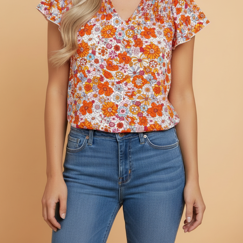 Floral V-Neck Pleated Ruffle Short Sleeve Blouse
