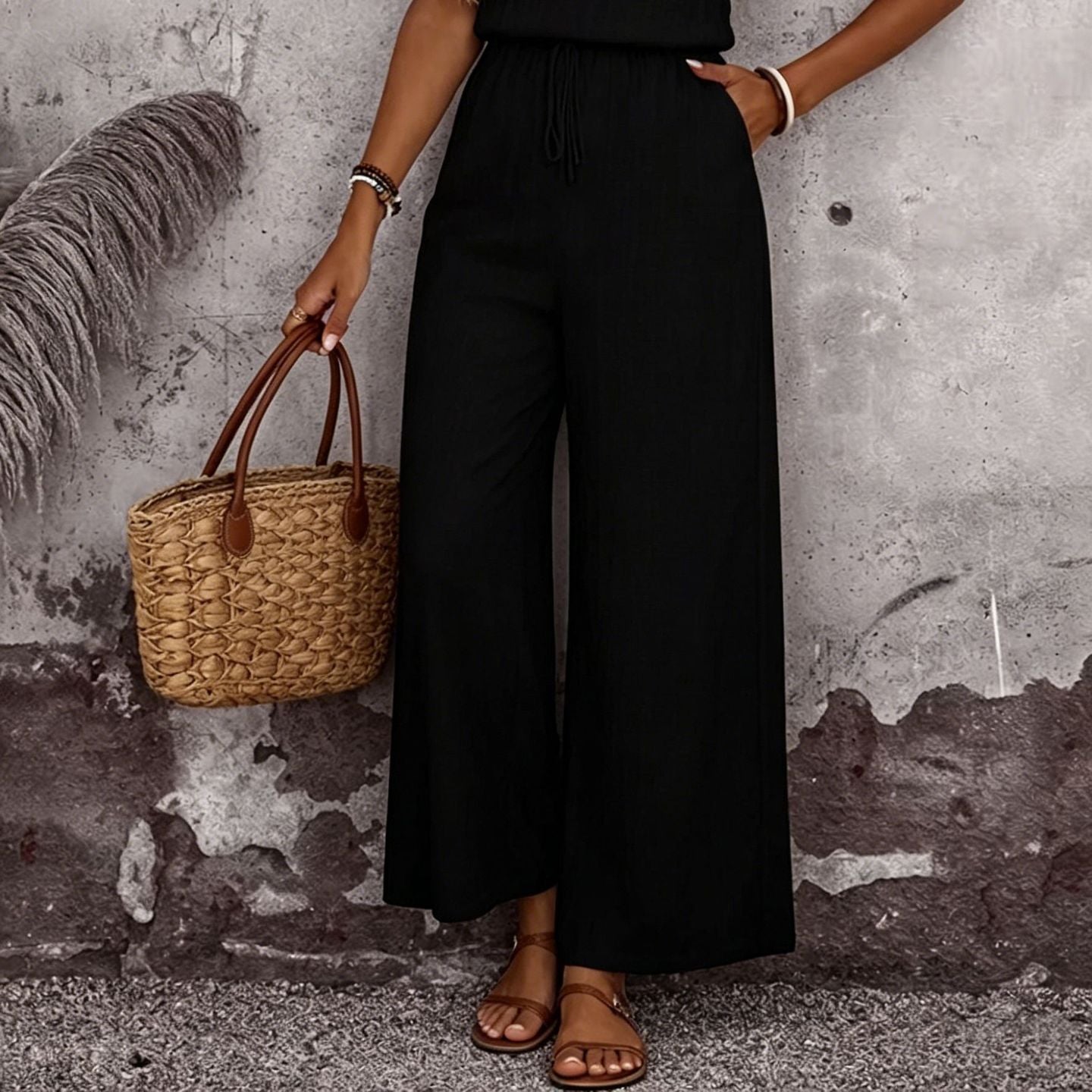 Women's Draped Neck Sleeveless Vest & Casual Pants Two-Piece Set