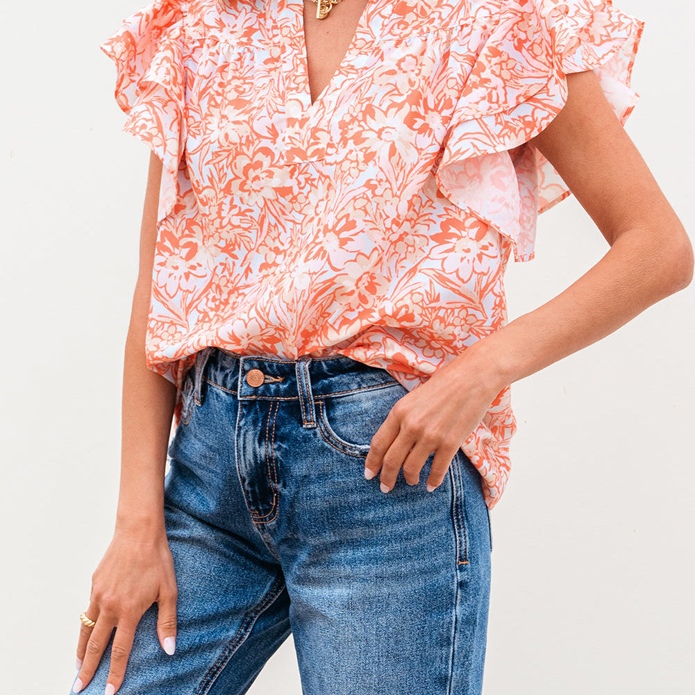 Floral Ruffle Sleeve Split Neck Blouse