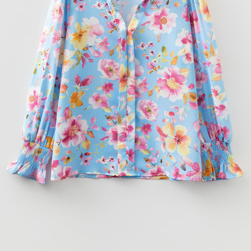 Floral Smocked Long Sleeve V-Neck Blouse