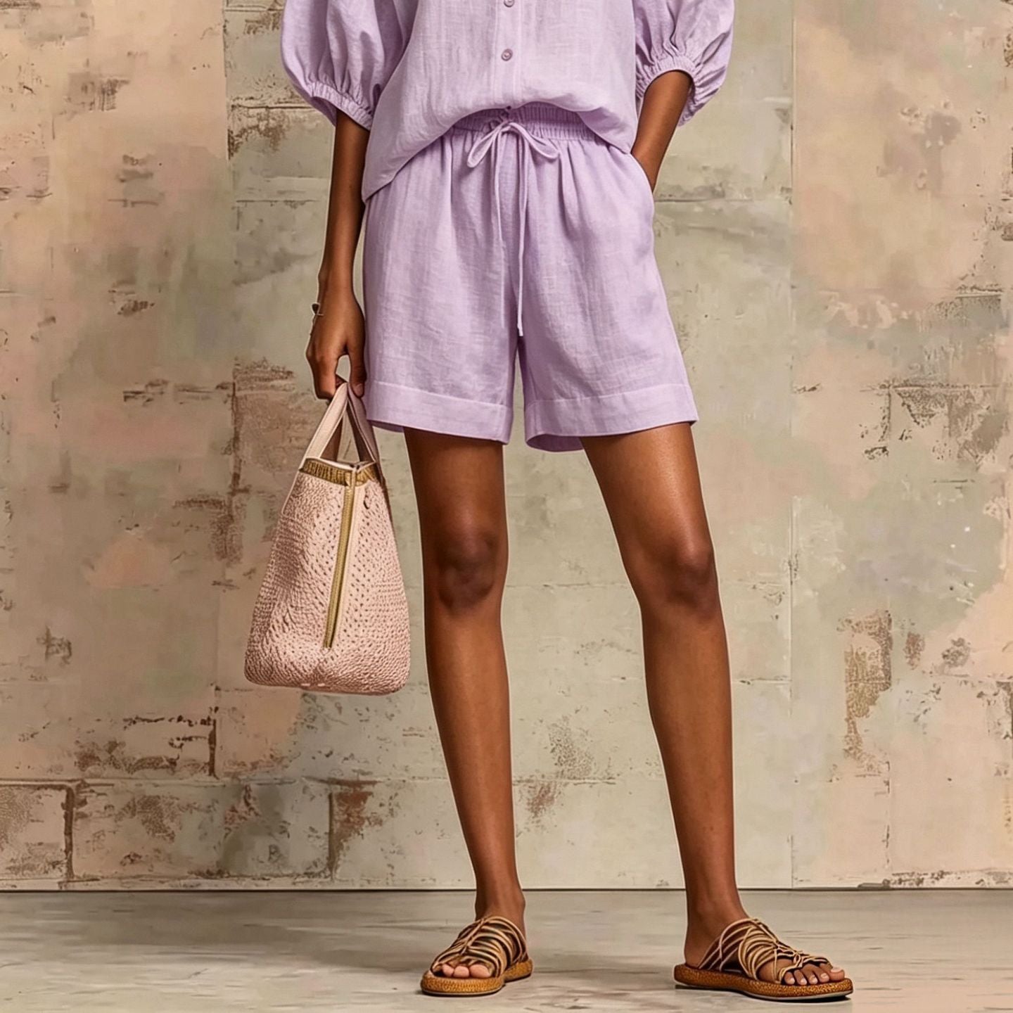 Women's Bubble-Sleeve Top & Drawstring Shorts Set