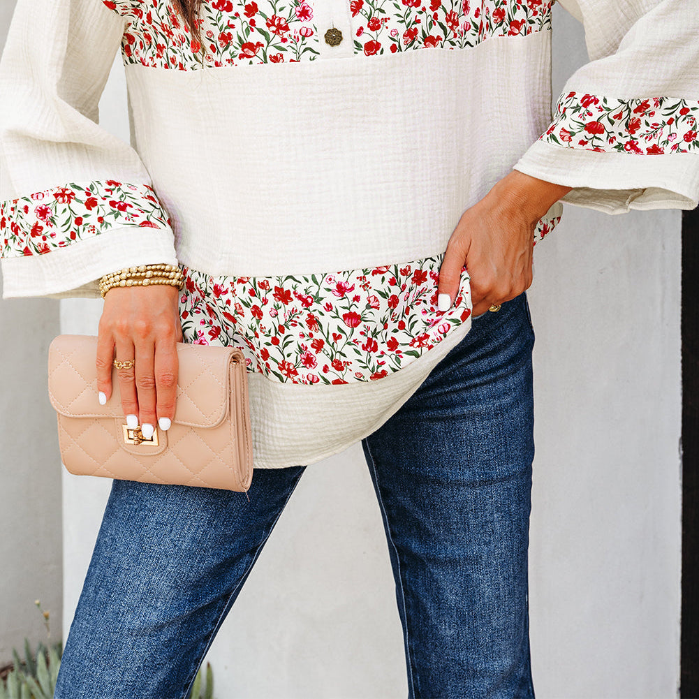 Floral Gauze Patchwork 3/4 Sleeve Blouse