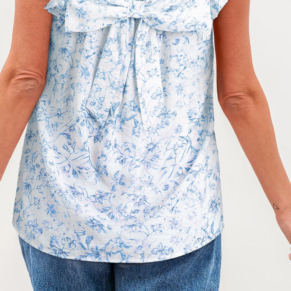 Floral Bow-Back Square Neck Ruffle Sleeve Blouse