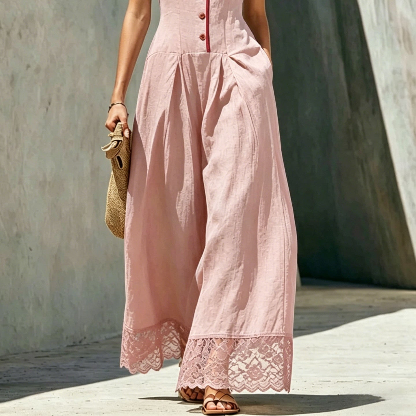 Women's Lace-Spliced Jumpsuit with Pockets – Sleeveless, High Waist, Straight Leg