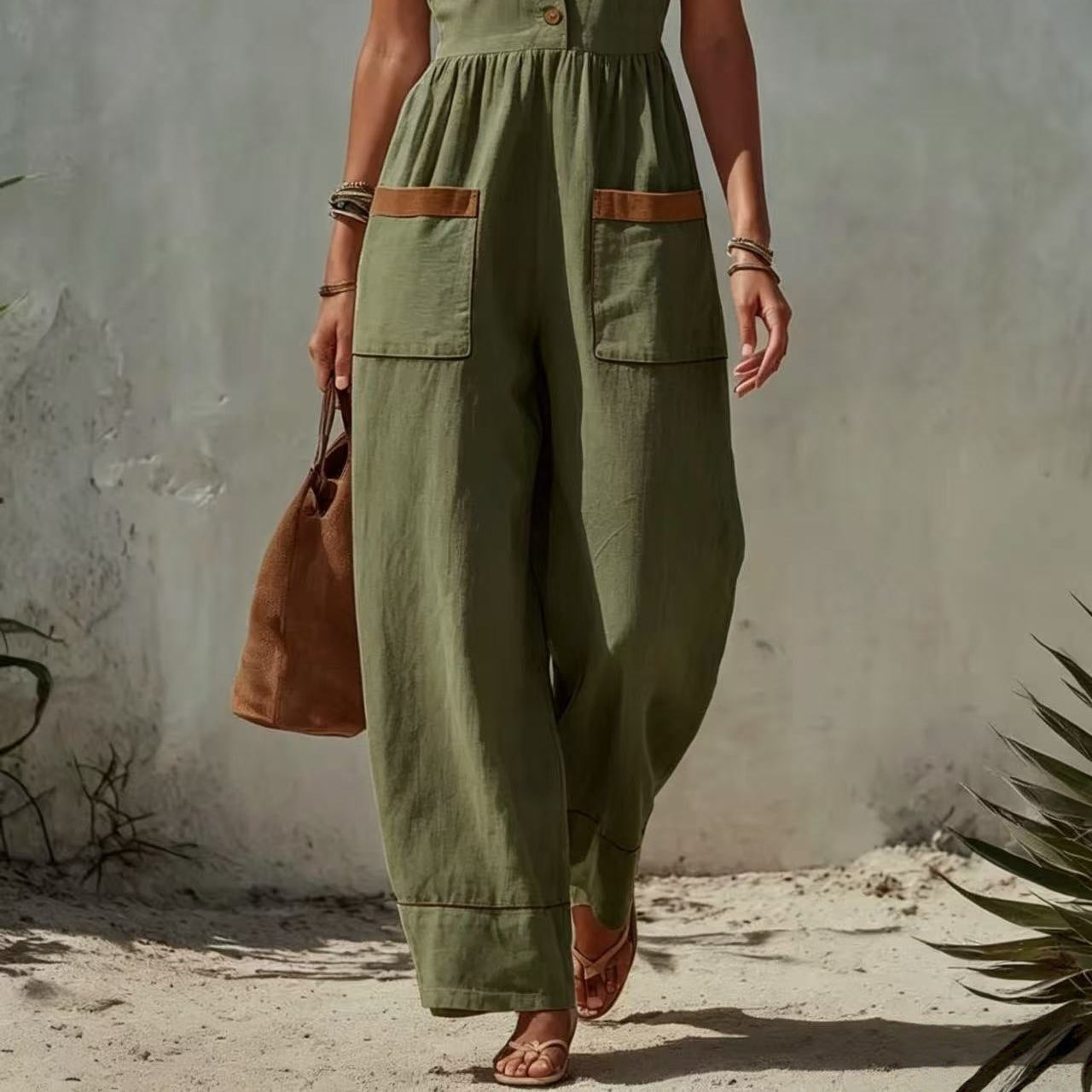 Women's Sleeveless Wide-Leg Jumpsuit – Loose Fit, V-Neck, Cotton Linen