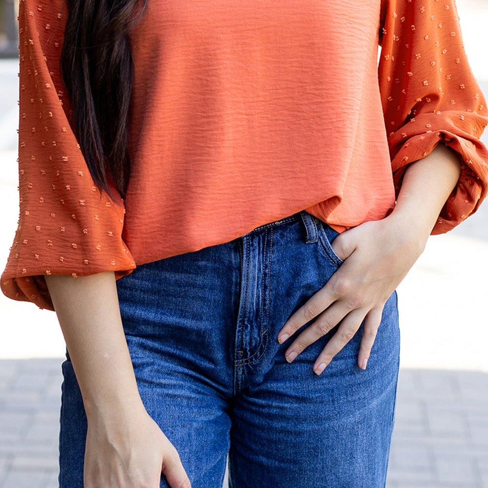 Solid Swiss Dot Balloon Sleeve Blouse